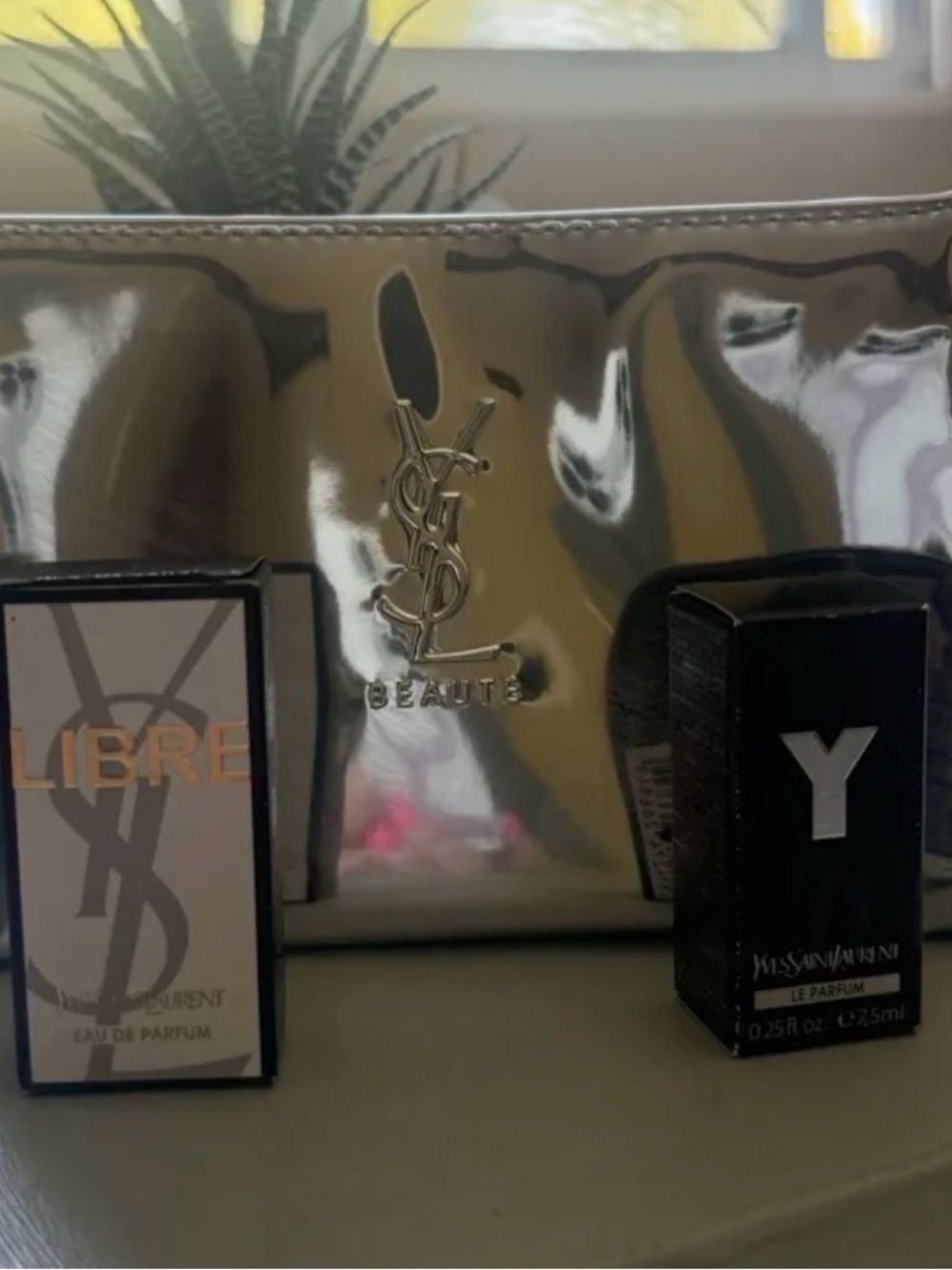 Yves Saint Laurent Metallic Silver YSL Logo Cosmetic Pouch